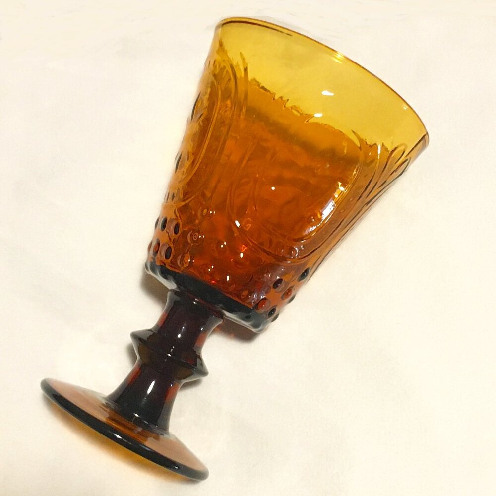 Vintage Vatican Pattern Amber Glass Goblet MCM Gothic Textured Shrine Cup